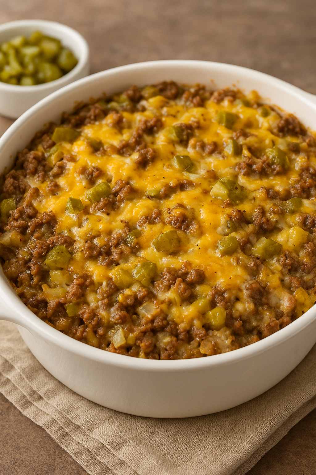Keto Big Mac Casserole – Low-carb, high-protein dish with layers of seasoned ground beef, melted cheese, fresh lettuce, pickles, and a creamy keto-friendly sauce, served in a golden-baked casserole dish.