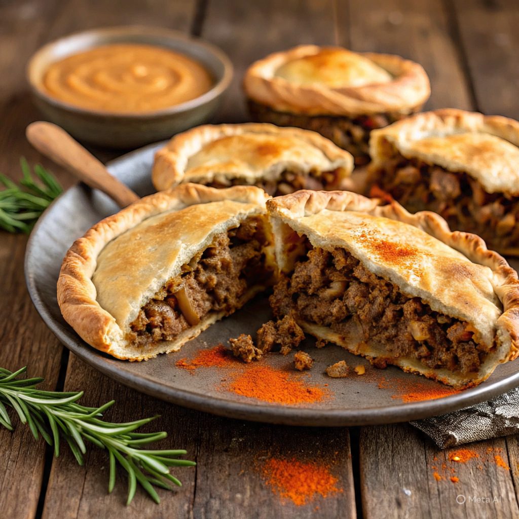 Homemade keto meat pies with almond flour crust and juicy beef filling, perfect for a low-carb or gluten-free meal.
