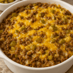 keto Big Mac casserole baked in a dish with layers of seasoned ground beef, melted cheese, pickles, and creamy sauce, showcasing a flavorful low-carb and high-protein meal