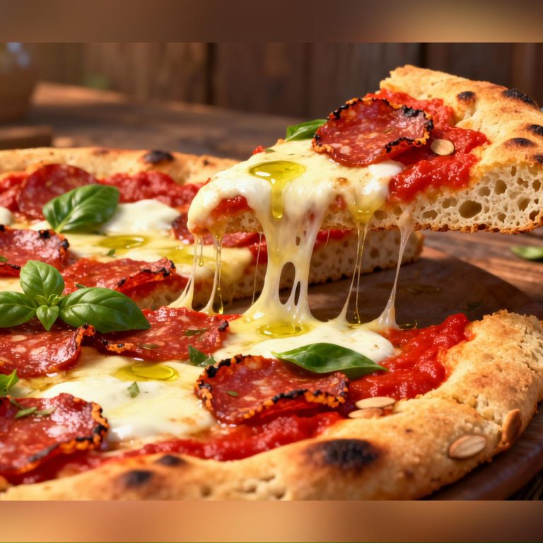 Keto Pepperoni Pizza with crispy golden crust, melted cheese, and savory pepperoni slices, perfectly low-carb and ready to serve.