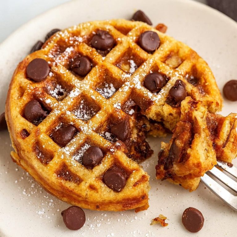 Golden keto chocolate chip chaffle topped with sugar-free chocolate chips and powdered sweetener on a plate