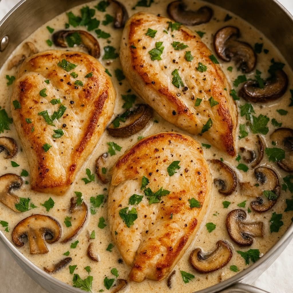Golden pan-seared chicken breasts in a creamy mushroom sauce topped with fresh parsley