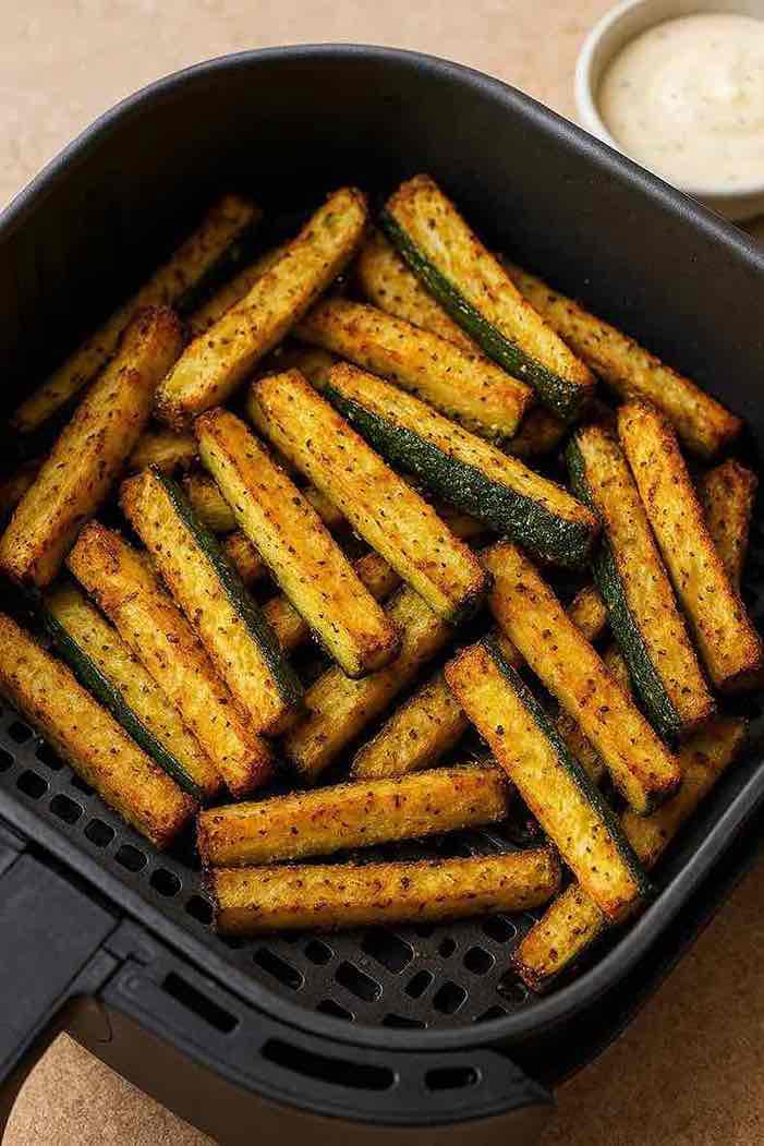 Crispy golden air fryer zucchini fries in a black basket, perfectly seasoned and ready to serve with dipping sauce.