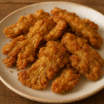 Crispy golden-brown oyster mushroom fried chicken, perfectly breaded and vegan-friendly, served on a plate with fresh herbs.