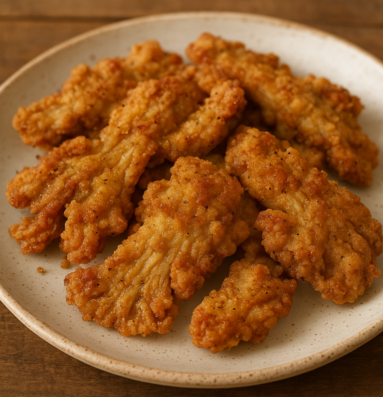 Crispy golden-brown oyster mushroom fried chicken, perfectly breaded and vegan-friendly, served on a plate with fresh herbs.