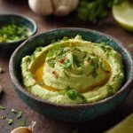 Keto avocado cilantro hummus garnished with olive oil, garlic, and lime