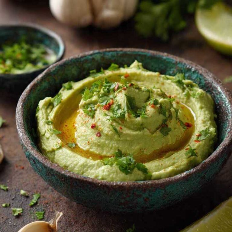 Keto avocado cilantro hummus garnished with olive oil, garlic, and lime