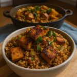 A bowl of keto Cajun tofu jambalaya with golden pan-seared tofu cubes served over low-carb spiced cauliflower pearls.