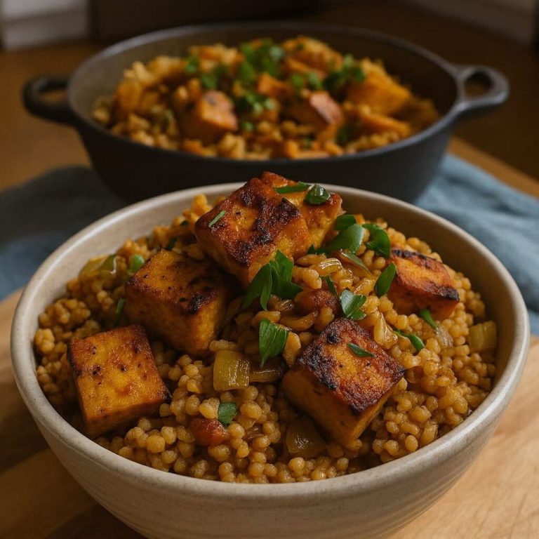 A bowl of keto Cajun tofu jambalaya with golden pan-seared tofu cubes served over low-carb spiced cauliflower pearls.