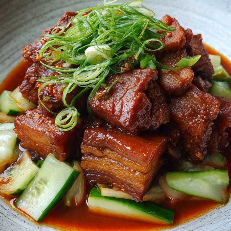 Keto doenjang braised pork belly with cucumber and scallions