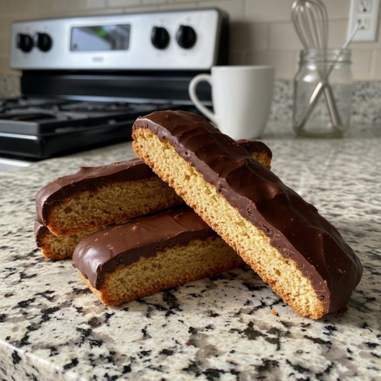Homemade keto orange chocolate biscuits coated with sugar-free chocolate, stacked on a kitchen counter.