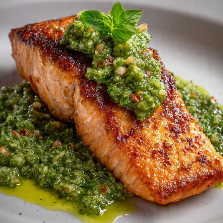 Keto Salmon with Chunky Basil Pesto Sauce