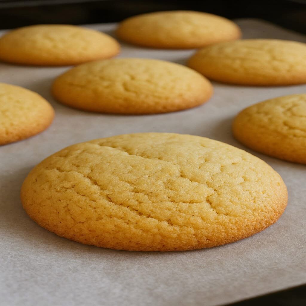 Golden soft keto almond cookies on parchment paper, freshly baked and gluten-free.