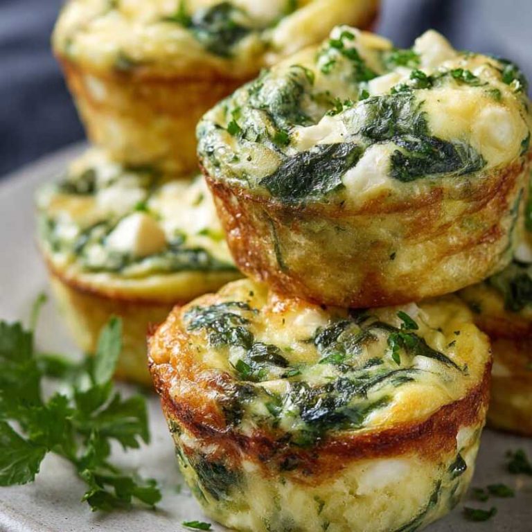 Keto spinach and cheese egg bites baked until golden and stacked on a plate