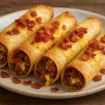 Crispy keto bacon cheeseburger taquitos filled with seasoned ground beef, melted cheddar cheese, and topped with crunchy bacon bits on a plate.