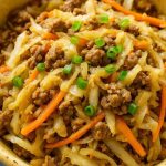 Keto Egg Roll in a Bowl with ground beef, shredded cabbage, julienned carrots, and green onion garnish, low-carb and ready in 20 minutes