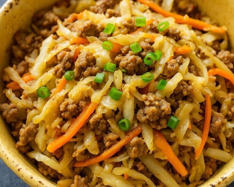 Keto Egg Roll in a Bowl with ground beef, shredded cabbage, julienned carrots, and green onion garnish, low-carb and ready in 20 minutes