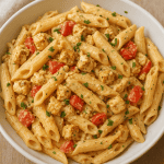 vegan feta pasta served in a bowl with creamy plant-based feta, roasted cherry tomatoes, fresh basil, and tender pasta, showcasing a rich and flavorful homemade dish