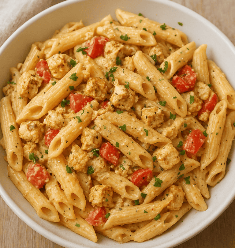 vegan feta pasta served in a bowl with creamy plant-based feta, roasted cherry tomatoes, fresh basil, and tender pasta, showcasing a rich and flavorful homemade dish