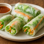 Fresh homemade vegan rice paper spring rolls filled with colorful vegetables and herbs, served with a tangy dipping sauce on a plate