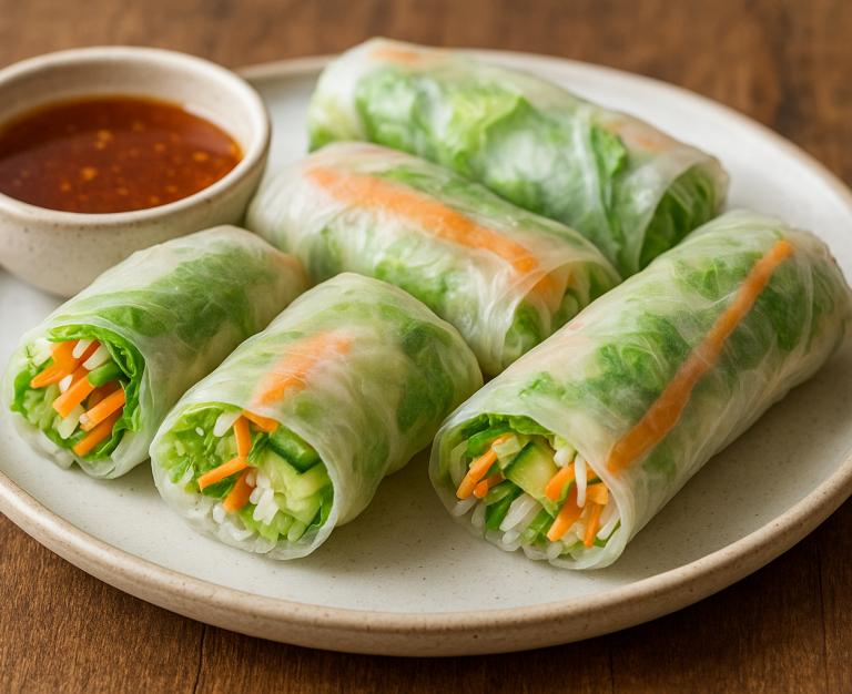 Fresh homemade vegan rice paper spring rolls filled with colorful vegetables and herbs, served with a tangy dipping sauce on a plate