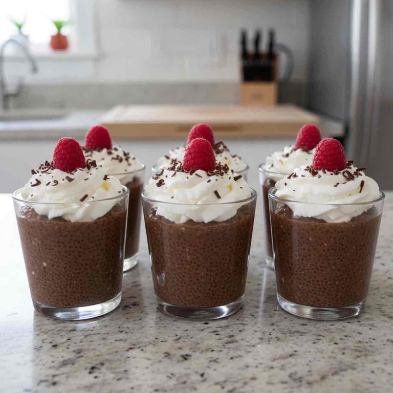 Six keto chocolate chia pudding parfaits topped with whipped cream, chocolate shavings, and a single raspberry, served in clear cups.