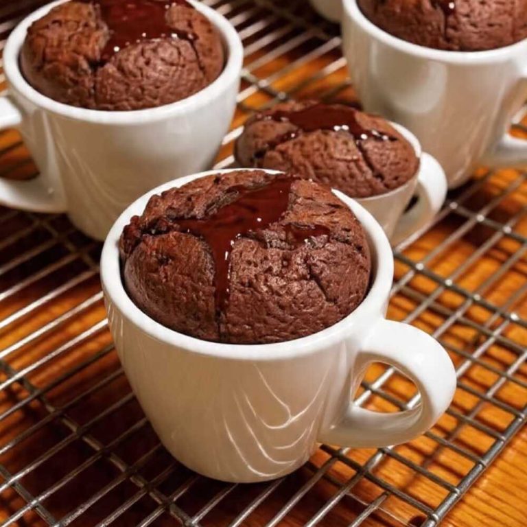 Oven-baked high-protein chocolate mug cakes in white ceramic cups cooling on a wire rack