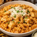 Creamy high protein butter chicken pasta made with low-carb rotini, Parmesan, and tender chicken breasts