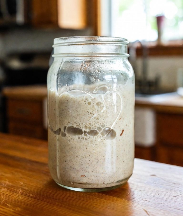 Keto sourdough starter bubbling in a glass jar with rustic background