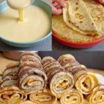 Thin rolled keto crepes stacked on a plate and drizzled with sugar-free chocolate, low-carb and gluten-free