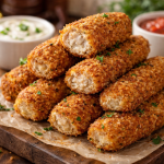 Crispy keto chicken fingers without cheese served with garlic dip and marinara