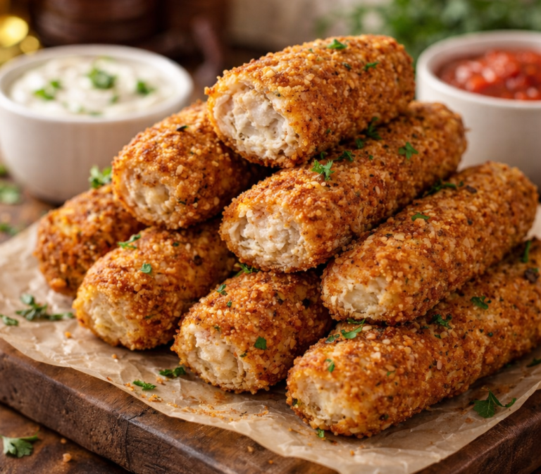 Crispy keto chicken fingers without cheese served with garlic dip and marinara