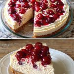 Vegan cherry cheesecake with creamy filling and glossy cherry topping