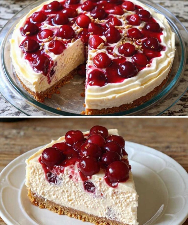 Vegan cherry cheesecake with creamy filling and glossy cherry topping