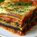 Layered vegan eggplant lasagna with tomato sauce, roasted eggplant slices, greens, and a golden dairy-free topping.