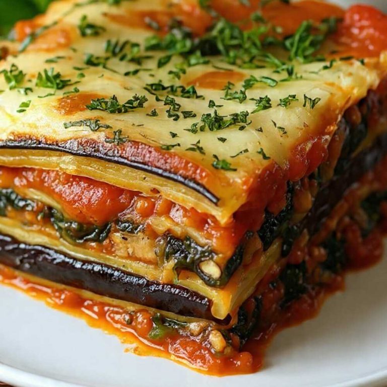 Layered vegan eggplant lasagna with tomato sauce, roasted eggplant slices, greens, and a golden dairy-free topping.