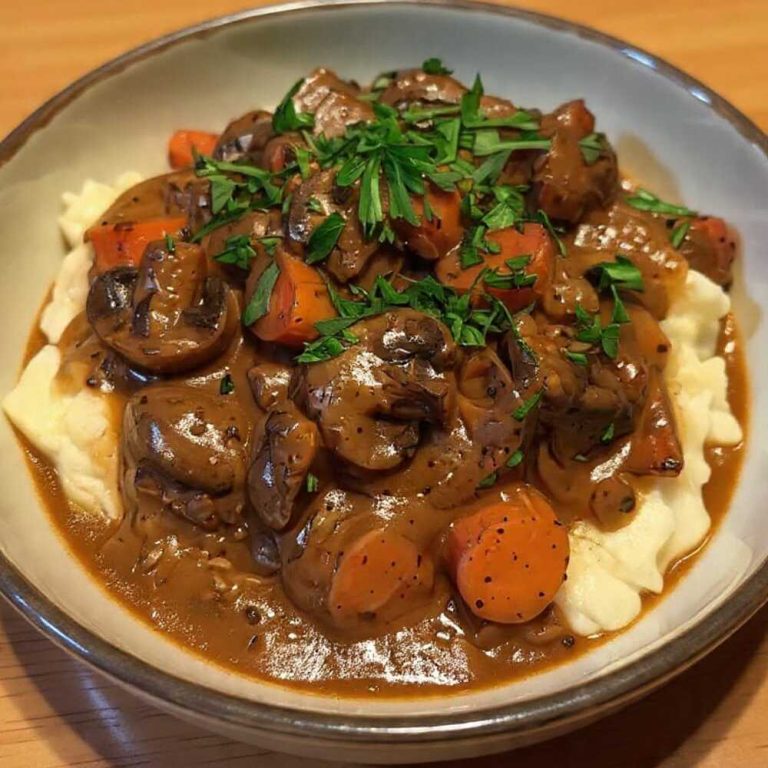 Vegan mushroom bourguignon served over mashed potatoes with rich brown sauce
