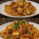 Vegan Pad Thai with tofu, rice noodles, peanuts, and herbs