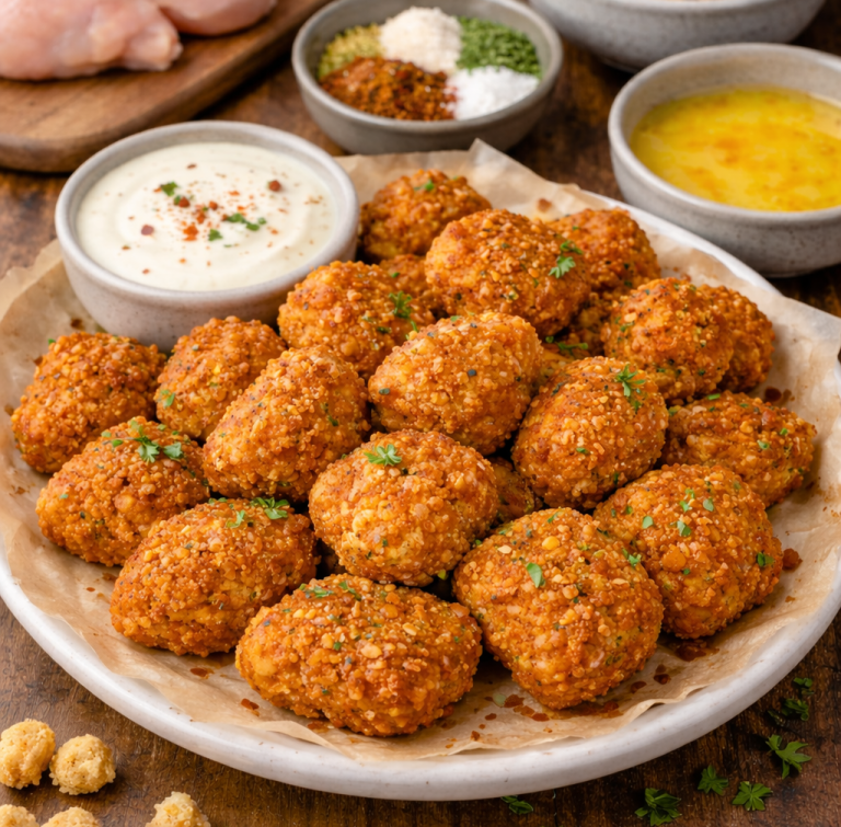 Crispy zero carb spicy chicken nuggets coated in seasoned pork rinds