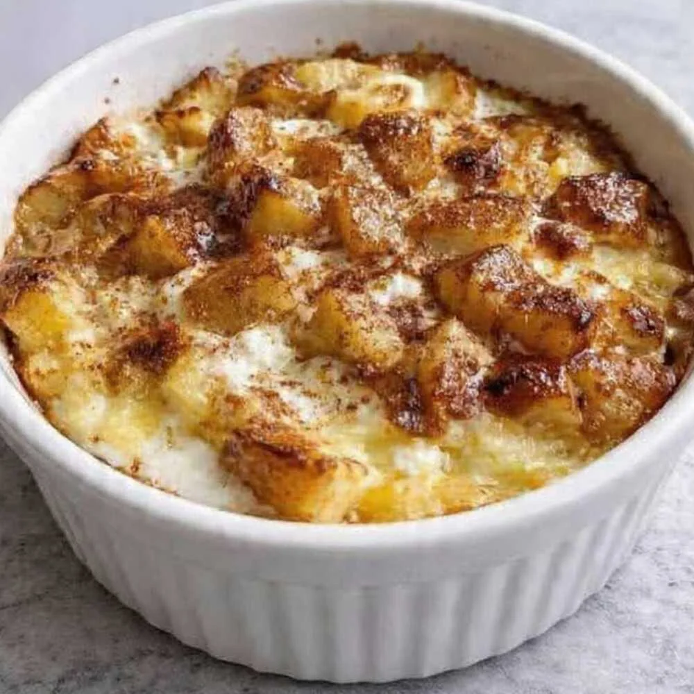 Baked apple cinnamon cottage cheese breakfast bowl in a white ramekin with golden edges