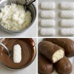Homemade zero carb coconut bars coated in chocolate with creamy keto filling