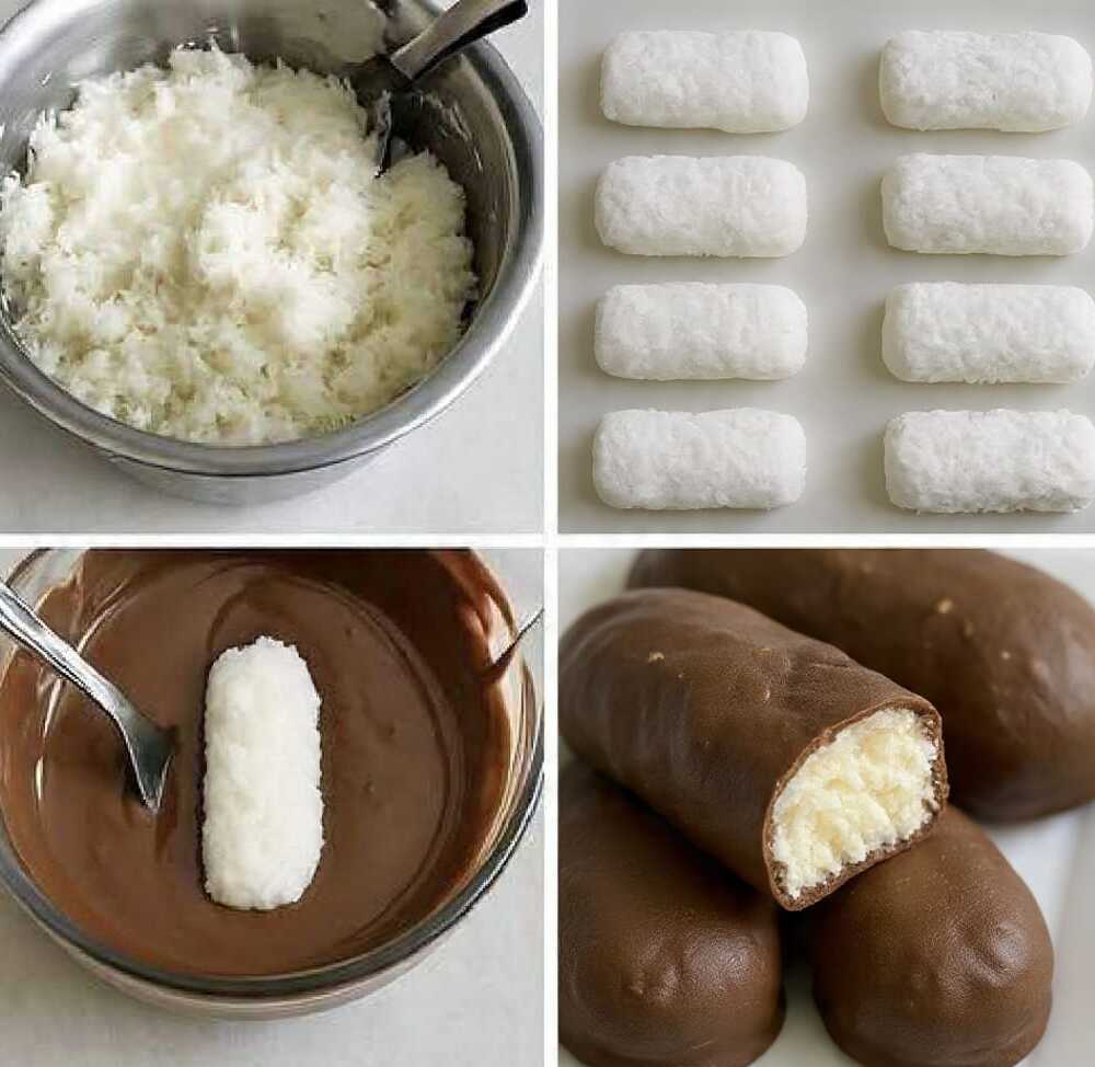 Homemade zero carb coconut bars coated in chocolate with creamy keto filling